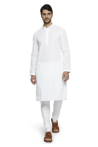Ethnix Men's Mandarin Collar Handmade White Chikaankari Embroidered Kurta Pajama 2-piece set Ethnix Men's Mandarin Collar Handmade White Chikaankari Embroidered Kurta Pajama 2-piece set