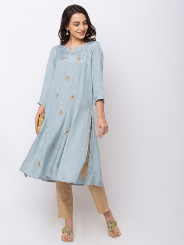 Ethnicity Grey Pastel Blue Straight Long Kurta Tunic with Embroidery