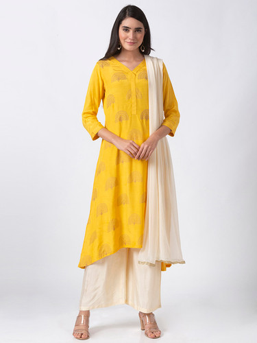 Rangpur Blended Cotton Kurta with Palazzo and Dupatta Set in Yellow  #Cotton, #Aff, #Kurta, #Ran… | Simple work outfits, Dress indian style,  Kurti designs party wear