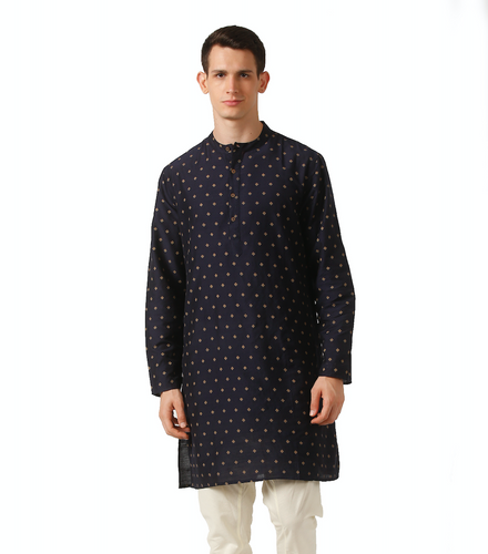 In-Sattva Men's Mandarin Collar Micro Dobby Fine Print Mid-Length Kurta Tunic Navy Blue In-Sattva Men's Mandarin Collar Micro Dobby Fine Print Mid-Length Kurta Tunic Navy Blue