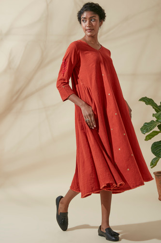 Women's Bohemian Classic 100% Cotton Crimson and Gold Embroidered Kurta Dress Women's Bohemian Classic 100% Cotton Crimson and Gold Embroidered Kurta Dress
