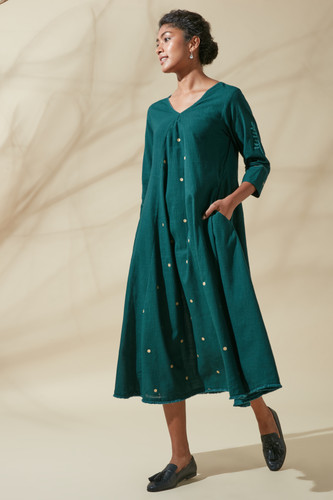 Women's Bohemian Classic 100% Cotton Teal and Gold Embroidered Kurta Dress Women's Bohemian Classic 100% Cotton Teal and Gold Embroidered Kurta Dress