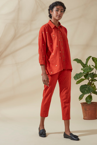 Women's Bohemian Classic 100% Cotton Crimson and Gold Dots Buttoned Shirt Women's Bohemian Classic 100% Cotton Crimson and Gold Dots Buttoned Shirt