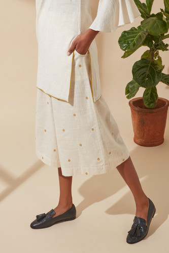 Women's Bohemian Classic 100% Cotton Cream and Gold Flared Culotte Pants Women's Bohemian Classic 100% Cotton Cream and Gold Flared Culotte Pants