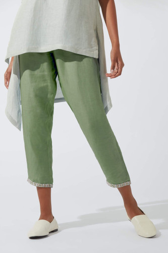 Women's Bohemian Classic Satin Linen Forest Green Straight Pants Women's Bohemian Classic Satin Linen Forest Green Straight Pants