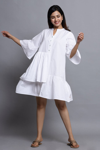 In-Sattva Mayori Pure Cotton Handcrafted Knee Length White Dress | Front View In-Sattva Mayori Pure Cotton Handcrafted Knee Length White Dress | Front View