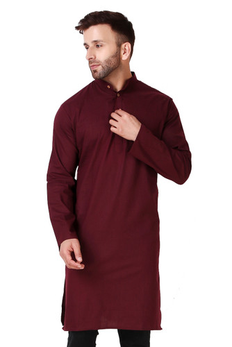In-Sattva Men's Banded Classic Collar Pure Cotton Long Burgundy Brown Kurta Tunic | Main Image