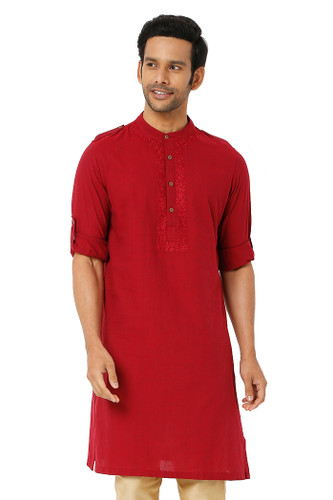 Men's Fire Red Kurta Tunic with Mandarin Collar and Shoulder Straps | Main View