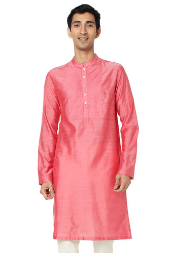 Men's Salmon Pink Kurta Tunic with Embroidered Placket and Yoke Festive | Main View Men's Salmon Pink Kurta Tunic with Embroidered Placket and Yoke Festive | Main View