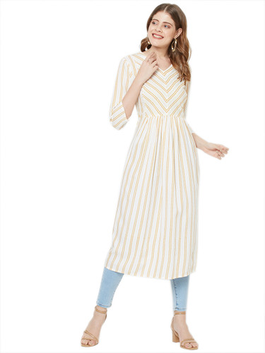 Sitayya Women's Mustard Stitch Striped A-line Off-White Tunic Dress | Main Image Sitayya Women's Mustard Stitch Striped A-line Off-White Tunic Dress | Main Image