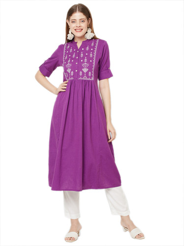 Sitayya Women's Bohemian White Embroidered Yoke A-line Purple Kurta Dress | Main Image Sitayya Women's Bohemian White Embroidered Yoke A-line Purple Kurta Dress | Main Image