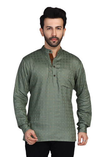 In-Sattva Men's Cotton Printed Henley Style Sattva-Collar Hip-Length Kurta Tunic; Emerald Green In-Sattva Men's Cotton Printed Henley Style Sattva-Collar Hip-Length Kurta Tunic; Emerald Green
