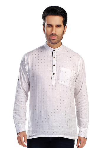 In-Sattva Men's Cotton Printed Henley Style Sattva-Collar Hip-Length Kurta Tunic; Ivory White In-Sattva Men's Cotton Printed Henley Style Sattva-Collar Hip-Length Kurta Tunic; Ivory White