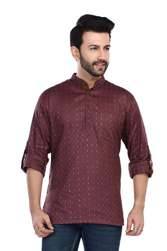 In-Sattva Men's Cotton Printed Henley Style Sattva-Collar Hip-Length Kurta Tunic; Deep Plum In-Sattva Men's Cotton Printed Henley Style Sattva-Collar Hip-Length Kurta Tunic; Deep Plum