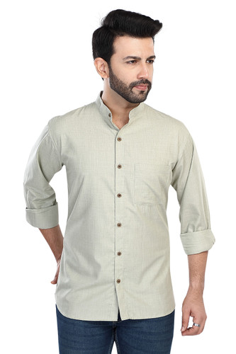 In-Sattva Men's Banded Sattva-Collar Pure Cotton Summer Button-Down Shirt; Dewdrop Green In-Sattva Men's Banded Sattva-Collar Pure Cotton Summer Button-Down Shirt; Dewdrop Green