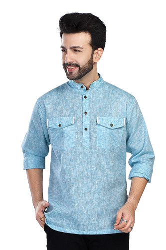 In-Sattva Men's Double-Breasted Pullover Sattva-Collar Henley Style Kurta Tunic; Aqua Blue In-Sattva Men's Double-Breasted Pullover Sattva-Collar Henley Style Kurta Tunic; Aqua Blue