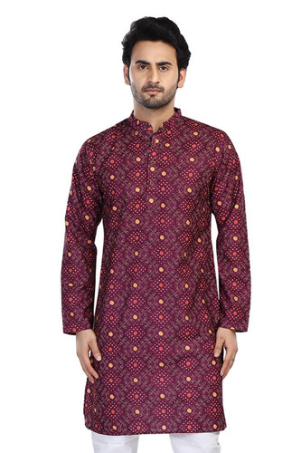In-Sattva Men's Cotton Folk Print Banded Sattva-Collar Knee-Length Kurta Tunic; Folk Lavender In-Sattva Men's Cotton Folk Print Banded Sattva-Collar Knee-Length Kurta Tunic; Folk Lavender