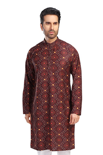 In-Sattva Men's Cotton Folk Print Banded Sattva-Collar Knee-Length Kurta Tunic; Tribal Brown In-Sattva Men's Cotton Folk Print Banded Sattva-Collar Knee-Length Kurta Tunic; Tribal Brown