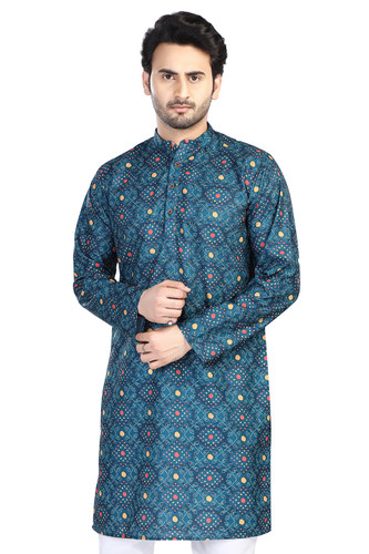 In-Sattva Men's Cotton Folk Print Banded Sattva-Collar Knee-Length Kurta Tunic; Vintage Blue In-Sattva Men's Cotton Folk Print Banded Sattva-Collar Knee-Length Kurta Tunic; Vintage Blue