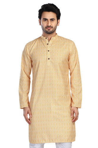 In-Sattva Men's Cotton Folk Print Banded Sattva-Collar Knee-Length Kurta Tunic; Haldi Yellow In-Sattva Men's Cotton Folk Print Banded Sattva-Collar Knee-Length Kurta Tunic; Haldi Yellow