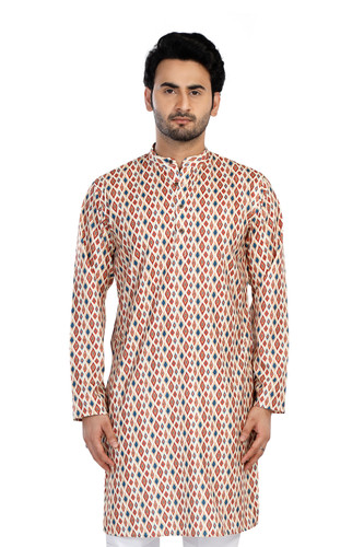 In-Sattva Men's Cotton Folk Print Banded Sattva-Collar Knee-Length Kurta Tunic; Geometric Cream