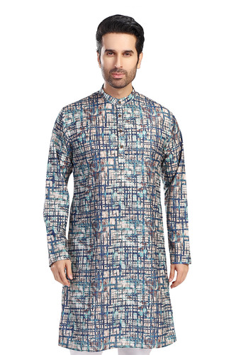 In-Sattva Men's Cotton Folk Print Banded Sattva-Collar Knee-Length Kurta Tunic; Abstract Blue In-Sattva Men's Cotton Folk Print Banded Sattva-Collar Knee-Length Kurta Tunic; Abstract Blue