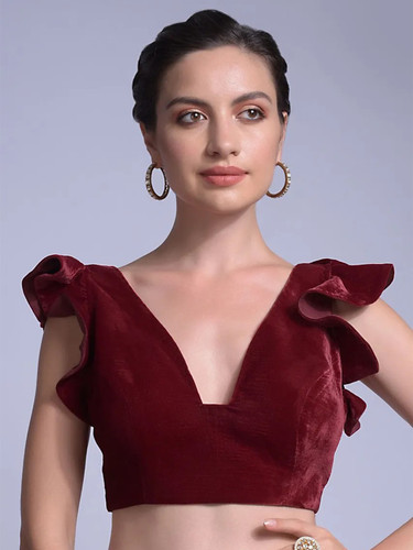 In-Sattva Women's Velvet Cap Sleeve V-Neck Blouse; Cherry Red In-Sattva Women's Velvet Cap Sleeve V-Neck Blouse; Cherry Red