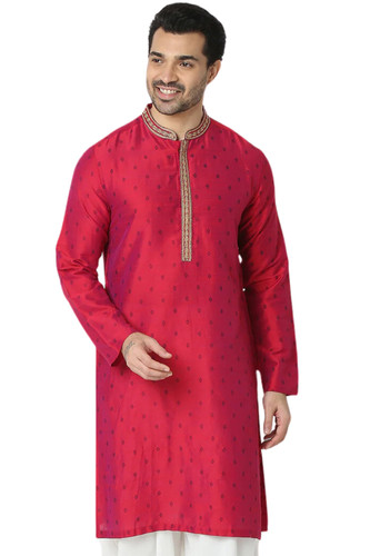 In-Sattva Men's Embroidered and Patterned Regular Fit Long Kurta Tunic - Vibrant Magenta
