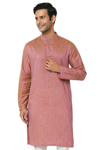 In-Sattva Men's Majestic Pinstriped Bejeweled Designer Indian Kurta Tunic - Flamingo Pink