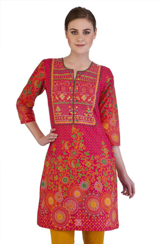 MB Indian Clothing Style Long Kurta Tunic with Bandhani Print Extended Yoke till Waist ÛÒ Front