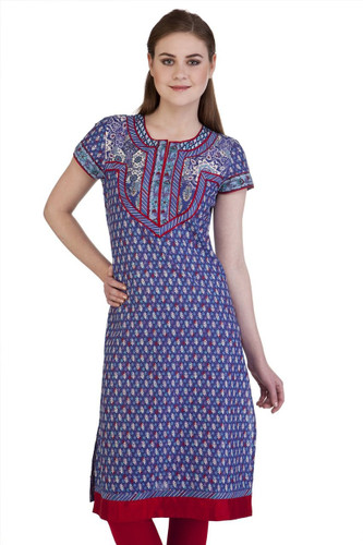 MB Women's Indian Clothing Style Kurta Tunic Red Trimmed Yoke ÛÒ Front