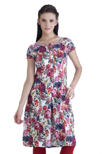 MB Womens Ethnic Floral Printed Tunic with Red Piping