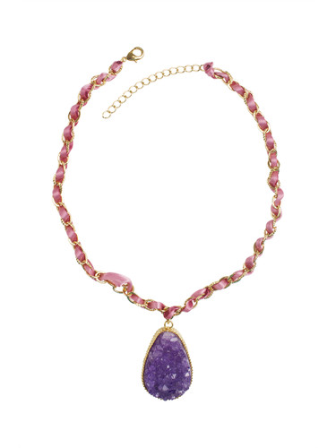 Ivory Tag Braided Gold and Ribbon Necklace with Amethyst Pendant