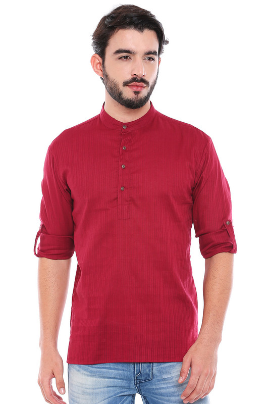 In-Sattva Men's Mandarin Collar Henley Style Short Fitted Kurta Tunic