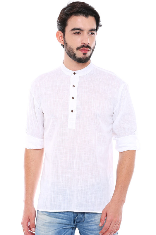 In-Sattva Men's Mandarin Collar Henley Style Short Fitted Kurta Tunic White