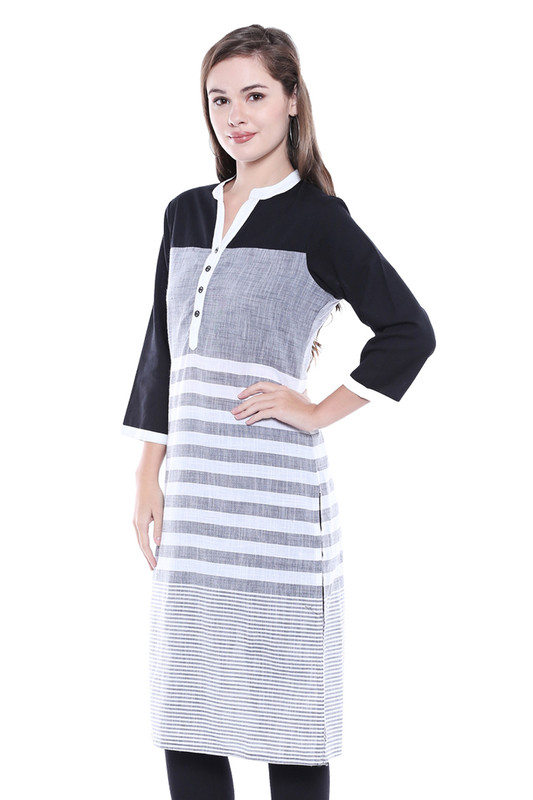 Women's Indian Kurta Tunic - Three-Tone Stripe Print | In-Sattva