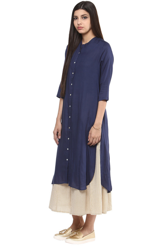 Long Shirt Kurta Tunic Dress Women's Pure Cotton Solid Navy Blue | In ...