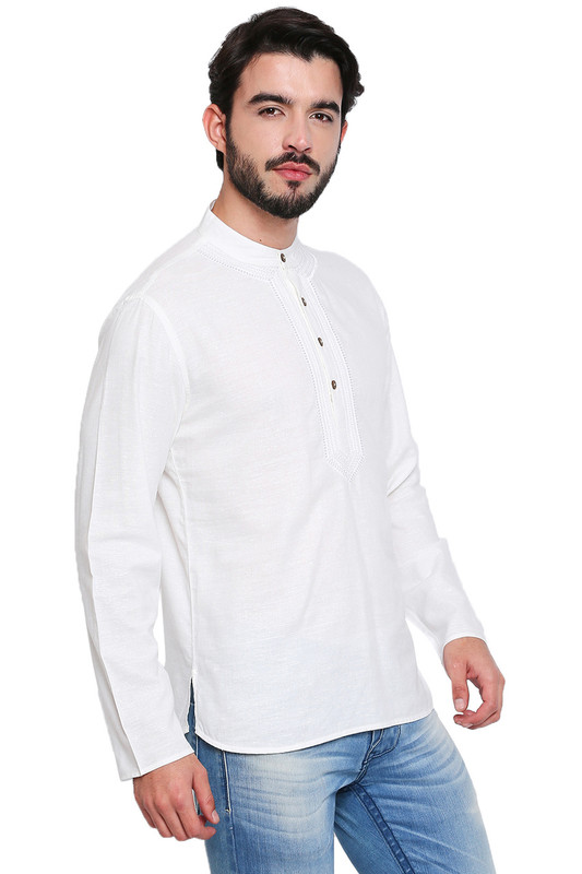 White Men's Shirt-Length Kurta Tunic | In-Sattva