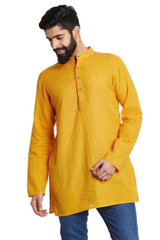 Shatranj Men's Indian Mandarin Collar Summer Sunshine Dobby Print Kurta Tunic Shatranj Men's Indian Mandarin Collar Summer Sunshine Dobby Print Kurta Tunic