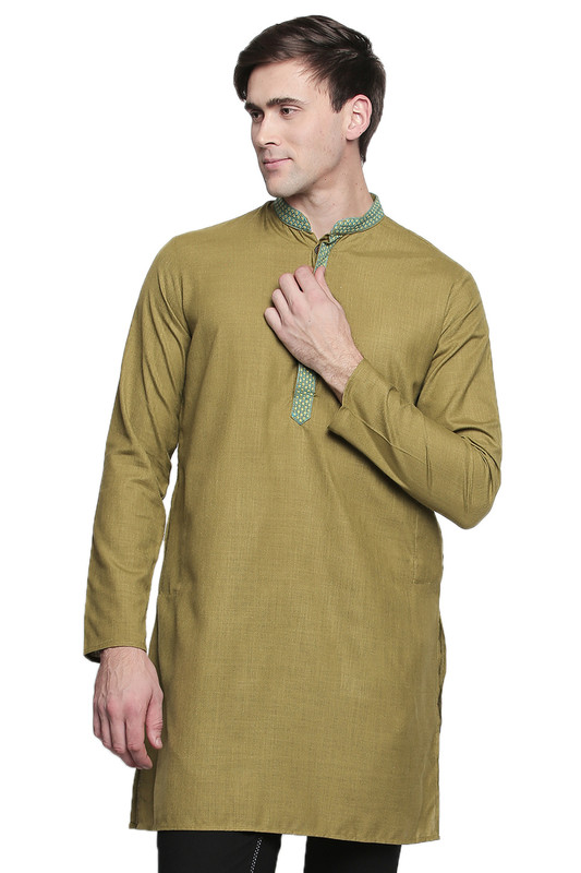 Men's Indian Kurta Tunic: Olive with Embroidered Placket - Front | In-Sattva 