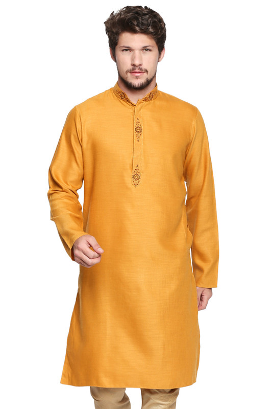 Shatranj Men's Indian Classic Collar Long Kurta Tunic with Embroidered Placket Mustard