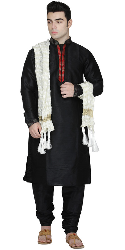 In-Sattva Men's Indian Three-Piece Ensemble Round Neck Pintucked Contrast Kurta Tunic Pajama Black In-Sattva Men's Indian Three-Piece Ensemble Round Neck Pintucked Contrast Kurta Tunic Pajama Black