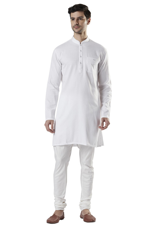 Ethnix Men's Indian Band Collar 100% Cotton Staple White Kurta Tunic Pajama Set