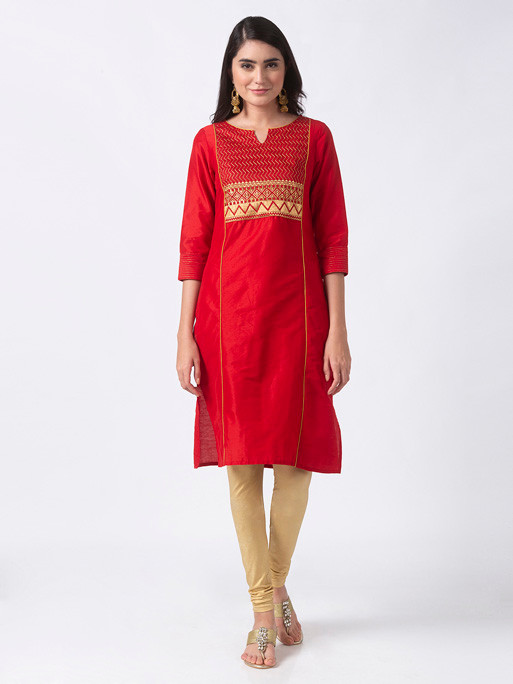 In-Sattva Women's Regal Embroidered Red and Gold Long Kurta Tunic