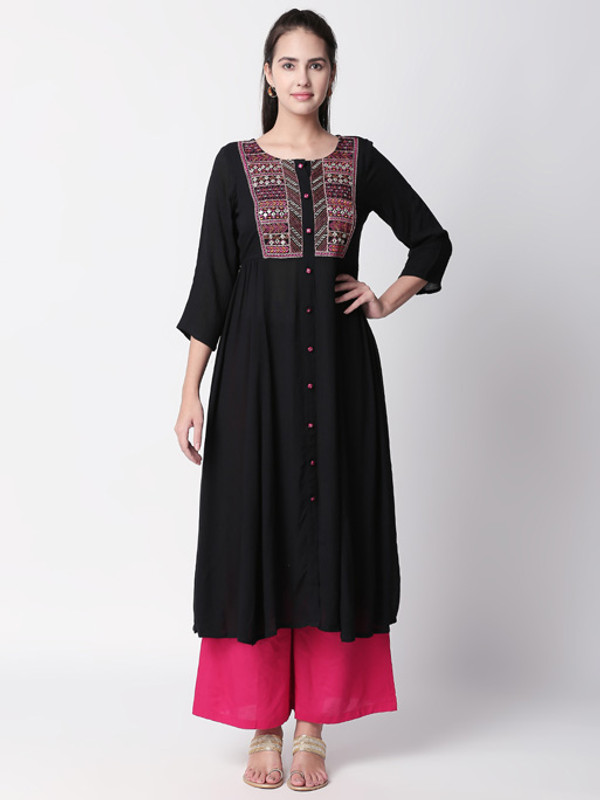 Ethnicity Handmade Embroidered  Black Button-Down Flared Long Tunic Dress  Ethnicity Handmade Embroidered  Black Button-Down Flared Long Tunic Dress