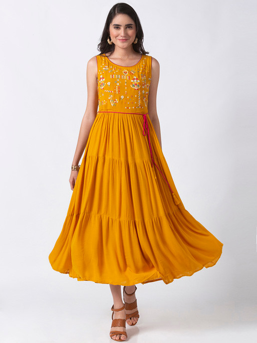 Ethnicity Handmade Cheerful Embroidered Mustard Sleeveless Tiered Dress 