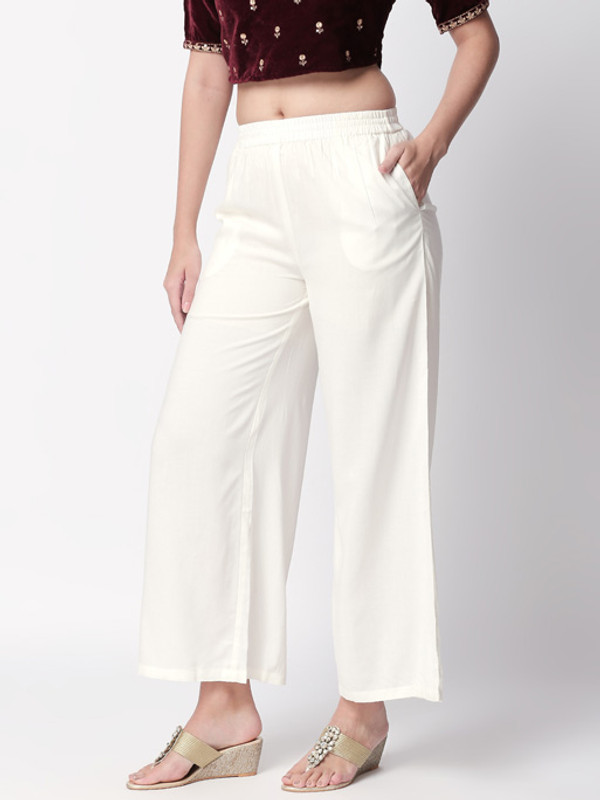 Ethnicity Handcrafted Off-White Palazzo Pants with Pockets - In-Sattva