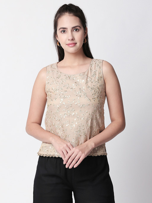 Ethnicity Beige Sleeveless Top with Simple Metallic Embroidery 
