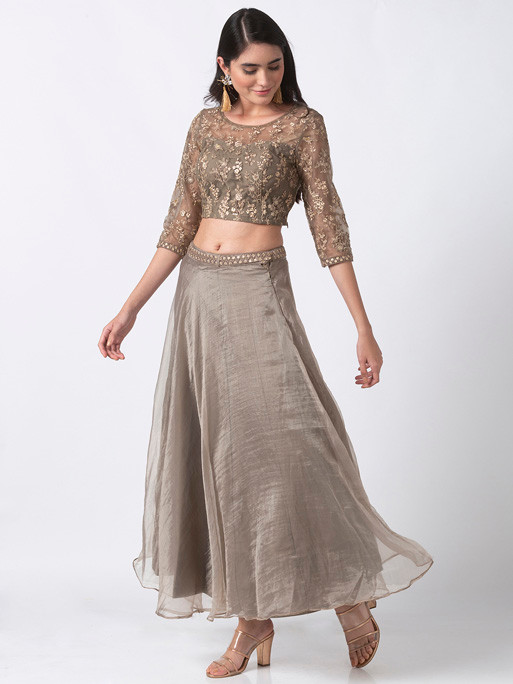 Ethnicity Handcrafted Grey Organza Lehenga Skirt with Embroidered Belt