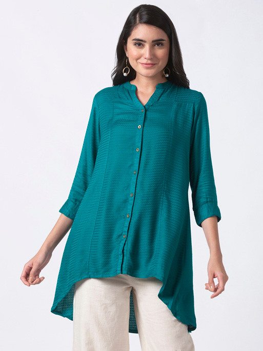 Ethnicity Teal High-Low Kurta Tunic with Functional Button Placket